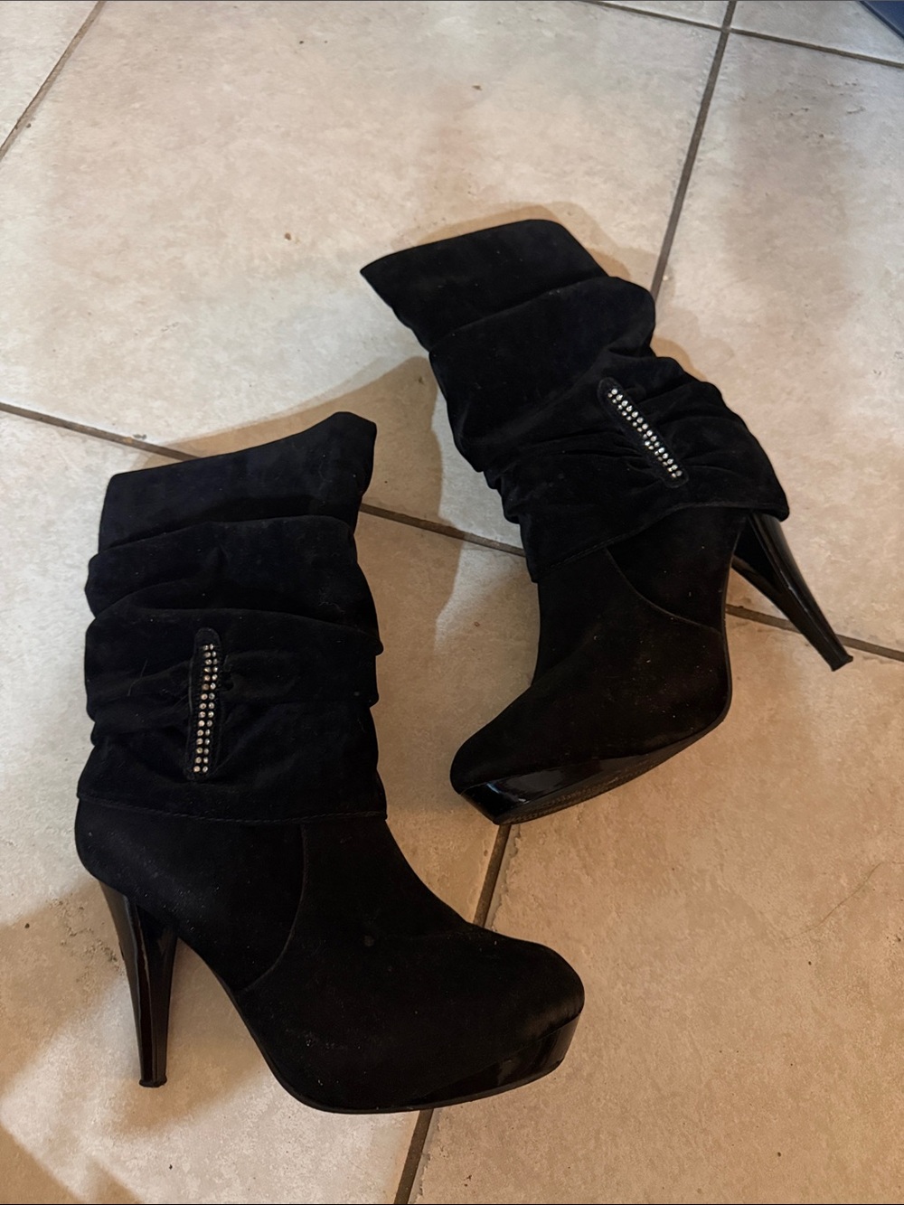 Refresh Black Suede High Heel Slouch Boots with Stud Detail